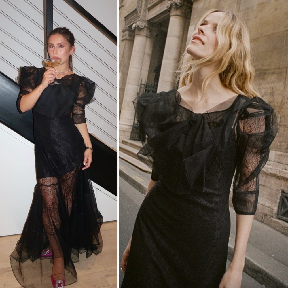 Doen Black Lace Ornetta Dress with Bow and Puff Sleeves XS